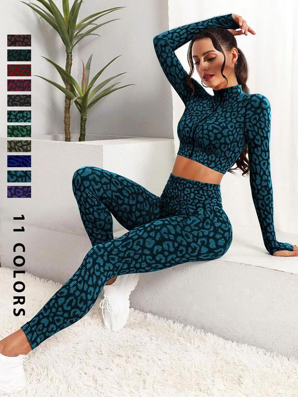 2 Pieces Women's Basic Leopard Print Zip Up Crop Top & High Waist Leggings Tracksuit Set, Fall Sports Suits, Two Piece Set Women, Sporty Casual Comfy Outfits, Women Tracksuits, Women Sport & Outdoor Clothing, Gym Sets for Women, Minimalistic Outfit