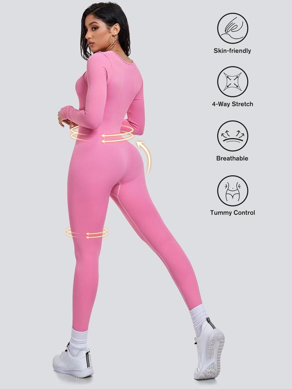 Women's Solid Square Neck Sports Jumpsuit, Casual Sporty Long Sleeve  High Waist Jumpsuit for Yoga Gym Workout, Ladies Sportswear for All Seasons