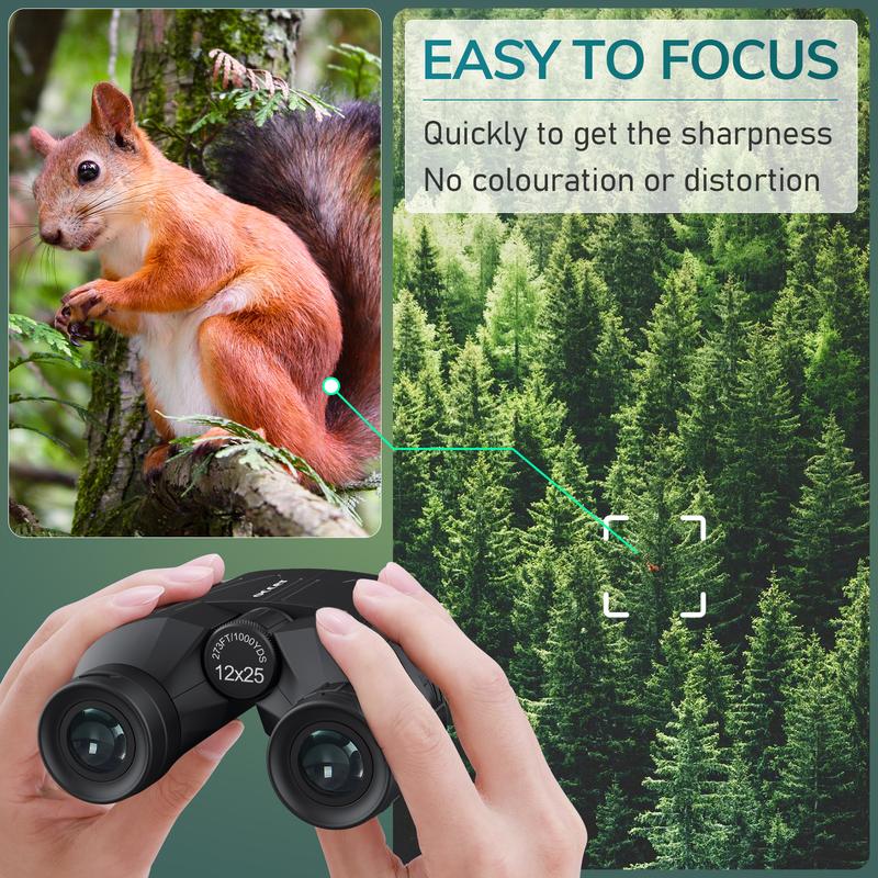 occer 12x25 Compact Binoculars for Adults and Kids - Large Eyepiece Binoculars for Bird Watching - High Powered Easy Focus Binoculars with Low Light Vision for Outdoor Hunting Travel