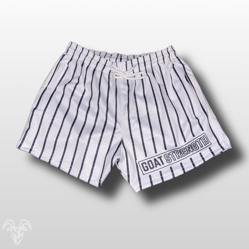 Goat Strength White baseball striped   pin striped shorts - Athletic   Gym shorts with 5 inch inseam - Tuff Shorts workoutfit