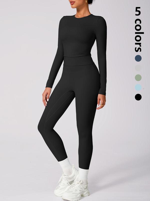 Women's Solid Long Sleeve Tee & High Waist Leggings Tracksuit Set, Sporty Round Neck Top & Skinny Pants Two-piece Outfits for Gym Workout Running, Ladies Fall & Winter Sportswear