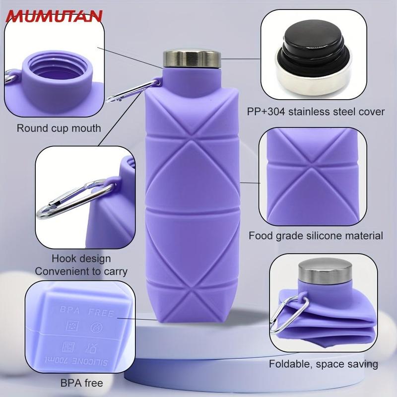 Portable Silicone Water Bottle, Foldable Leak Proof Sports Drinkware with Handle, Washable Reusable Mug, Lightweight Cup for Outdoor Camping Hiking