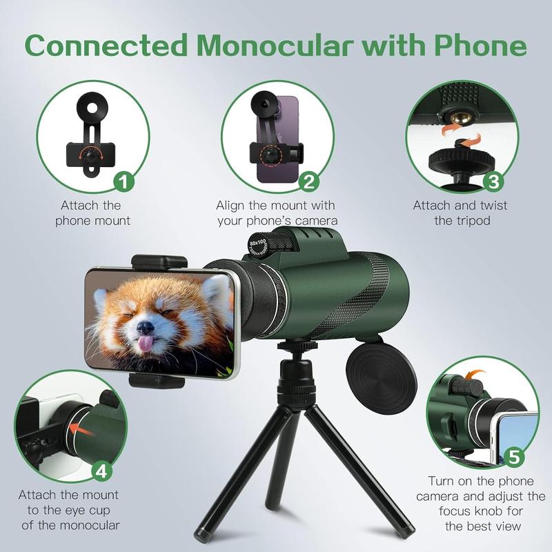 80x100 Monocular Telescope High Power Monocular for Adults with Smartphone Adapter, Travel Telescope with BAK4 Prism for Super Bowl, Bird Watching, Hunting, Camping