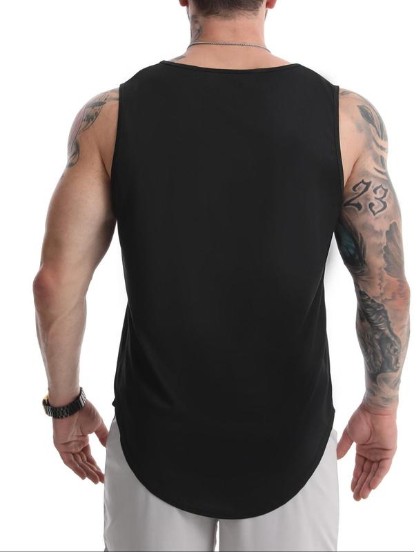 Men's Regular Fit Graphic Print Curved Hem Sports Tank Top, Casual Breathable Sleeveless Round Neck Sports Top for Gym Workout Running, Men's Sportswear for Summer