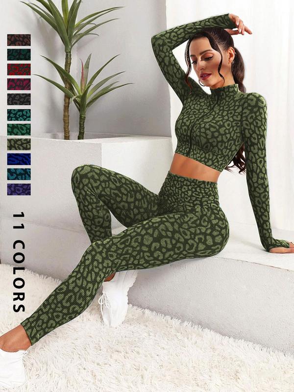 2 Pieces Women's Basic Leopard Print Zip Up Crop Top & High Waist Leggings Tracksuit Set, Fall Sports Suits, Two Piece Set Women, Sporty Casual Comfy Outfits, Women Tracksuits, Women Sport & Outdoor Clothing, Gym Sets for Women, Minimalistic Outfit