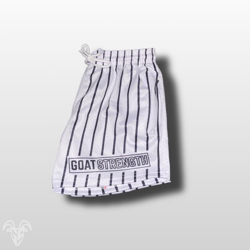 Goat Strength White baseball striped   pin striped shorts - Athletic   Gym shorts with 5 inch inseam - Tuff Shorts workoutfit