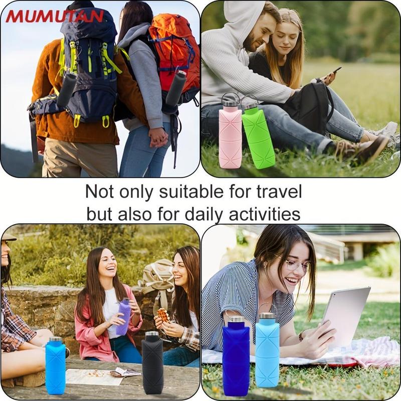 Portable Silicone Water Bottle, Foldable Leak Proof Sports Drinkware with Handle, Washable Reusable Mug, Lightweight Cup for Outdoor Camping Hiking