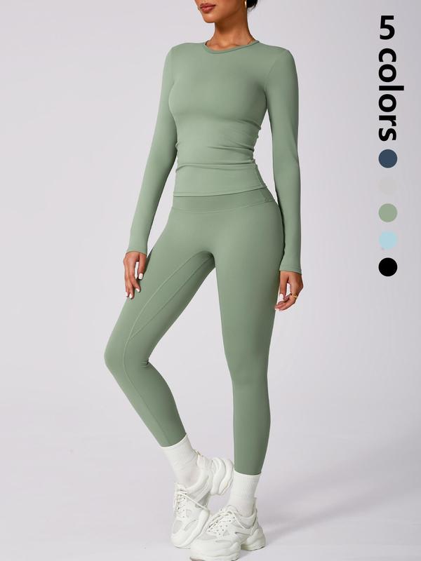 Women's Solid Long Sleeve Tee & High Waist Leggings Tracksuit Set, Sporty Round Neck Top & Skinny Pants Two-piece Outfits for Gym Workout Running, Ladies Fall & Winter Sportswear