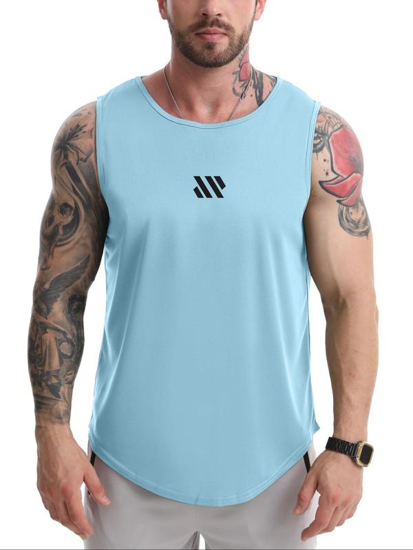 Men's Regular Fit Graphic Print Curved Hem Sports Tank Top, Casual Breathable Sleeveless Round Neck Sports Top for Gym Workout Running, Men's Sportswear for Summer