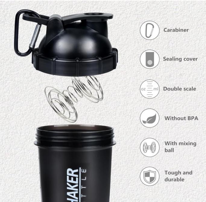 XTKS Shaker Bottle 18OZ Protein Shaker Bottles with Powder Storage & Pill Case 500ML GYM Shaker Cup for Protein Mixes with Blending Ball Leak Proof Mixer Bottle for Pre Workout,BPA Free(black)