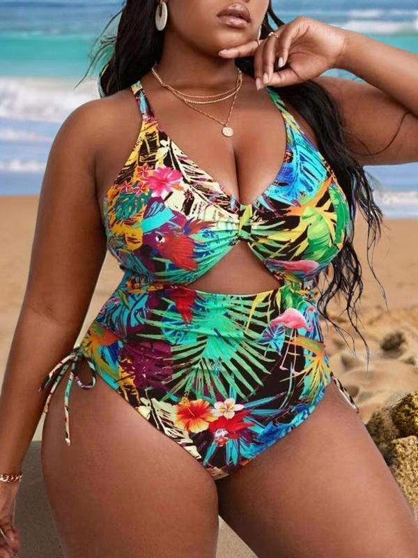  Tropical Print Criss Cross Cut Out One-piece Swimsuit, Swimsuit for Women, Boho Tie Side Sleeveless Swimwear for Beach Holiday Vacation, Women's Curvy Swimwear for Summer