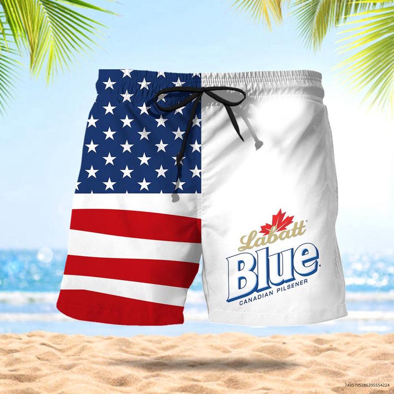 Labatt Blue American Flag Swim Trunks, Hawaiian Shorts For Men Dad Friend, Trendy Gift, This Season