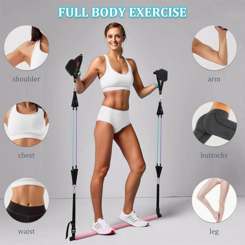 Pilates Bar Kit with Resistance Bands, Exercise Fitness Equipment for Women & Men, Home Gym Workouts Stainless Steel Stick Squat Yoga Pilates Flexbands Kit for Full Body Shaping