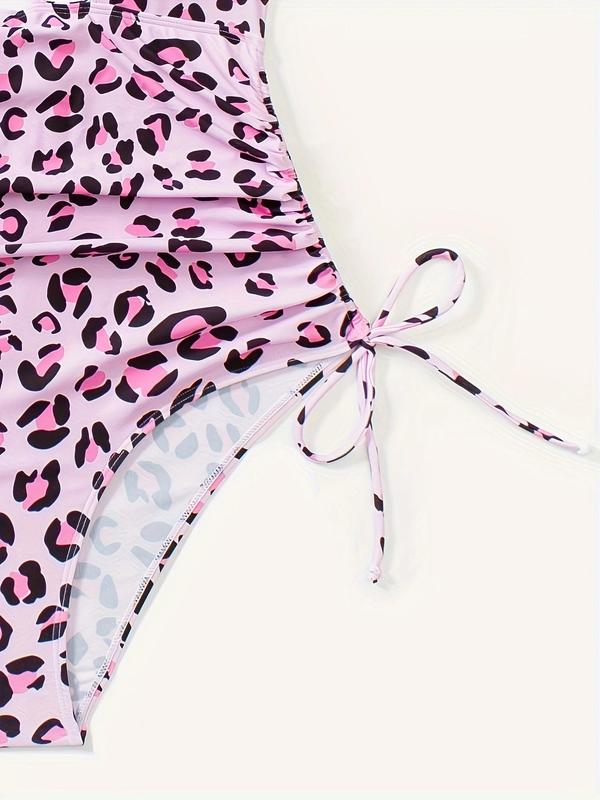 Plus Size Leopard Print Drawstring Ruched One-Piece Swimsuit, Casual Criss Cross Cut Out Tie Back Swimwear, Women's Swimsuit for Summer Beach Holiday