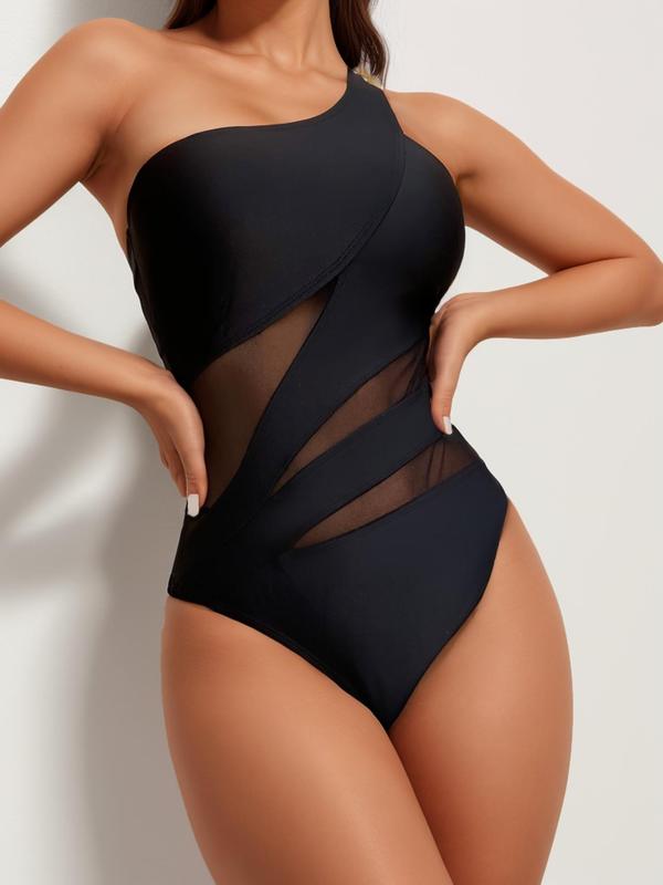 Women's Contrast Mesh One Shoulder Swimsuit, Asymmetrical Neck Swimwear, Ladies One Piece Swimsuit for Summer Beach Holiday Vacation, Bathing Suits 2024 for Women, Tummy Control Swimwear, Swimsuit for Women