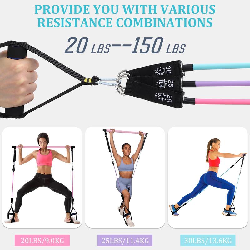 Pilates Bar Kit with Resistance Bands, Exercise Fitness Equipment for Women & Men, Home Gym Workouts Stainless Steel Stick Squat Yoga Pilates Flexbands Kit for Full Body Shaping