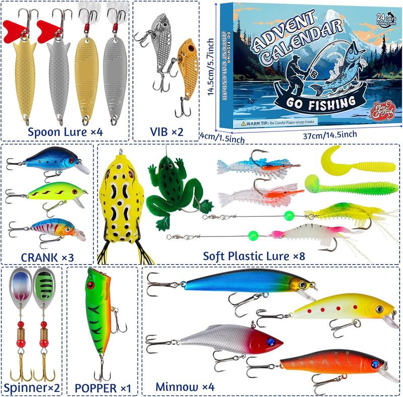 Fishing Lures 24 PCS Advent Calendar Fishing Christmas Countdown - 24 Days Fishing Lures Set for Fisher Adult Men Teen Boys - 2024 Xmas Surprise Gift