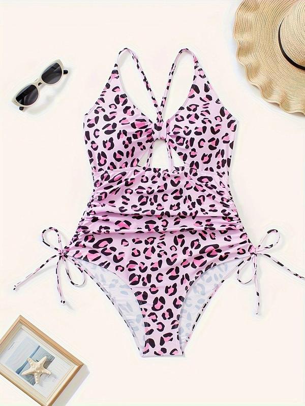 Plus Size Leopard Print Drawstring Ruched One-Piece Swimsuit, Casual Criss Cross Cut Out Tie Back Swimwear, Women's Swimsuit for Summer Beach Holiday