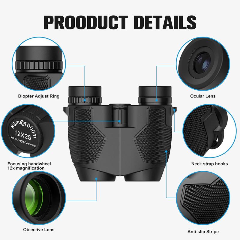 Jeacitory 12x25 Binoculars with Clear Low Night Version for Adults and Kids, Large Eyepiece Waterproof Durable & Clear BAK4 Prism FMC Lens Binoculars for Bird Watching Hunting Travel Theater Concerts