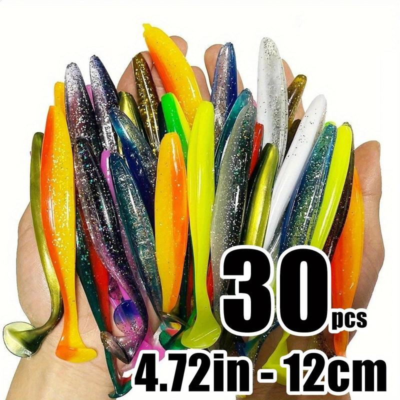 Artificial Soft Fishing Lure, 30pcs set T-tail Worm Lure, Big Artificial Bait, Jig Wobblers Bass Pike Fishing Tackle, Outdoor Fishing Accessories