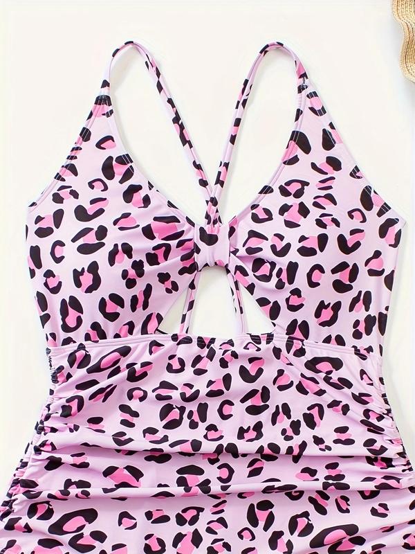 Plus Size Leopard Print Drawstring Ruched One-Piece Swimsuit, Casual Criss Cross Cut Out Tie Back Swimwear, Women's Swimsuit for Summer Beach Holiday