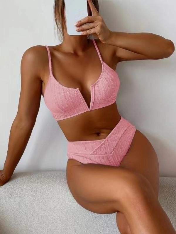 Two-Piece Set Women's Plain Textured Bikini Set, Summer Outfits, Casual V Wired Sleeveless Padded Bikini Top & Overlap Waist Swim Bottom, Swimsuits 2024 Women , Bathing Suits 2024 for Women