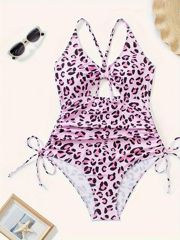 Plus Size Leopard Print Drawstring Ruched One-Piece Swimsuit, Casual Criss Cross Cut Out Tie Back Swimwear, Women's Swimsuit for Summer Beach Holiday