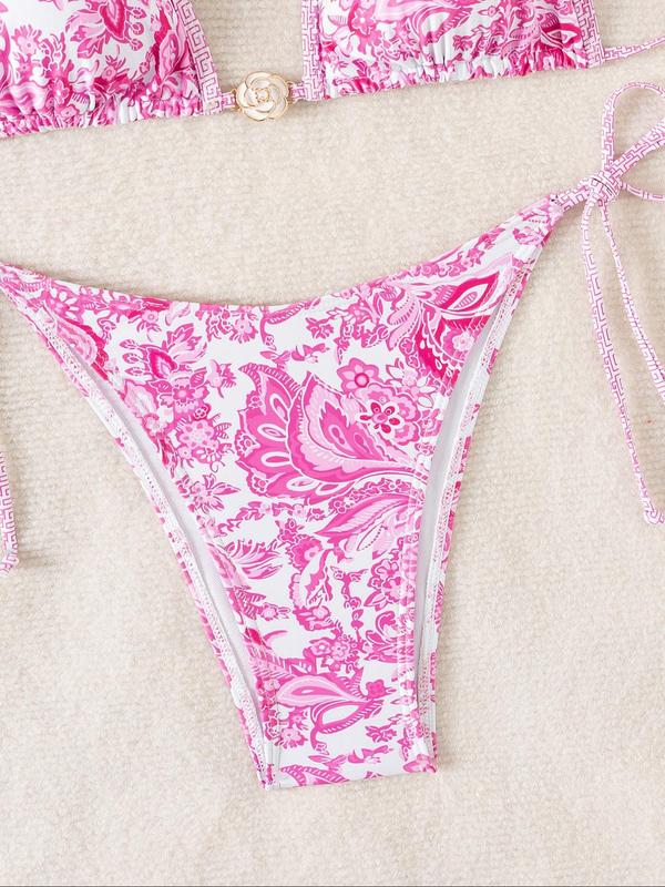 Two-Piece Set Women's Floral Print Bikini Set, Boho Fashion Flower Decor Halter Triangle Swim Bra & Tie Side Swim Panty, Ladies Summer Swimwear for Beach Holiday Vacation