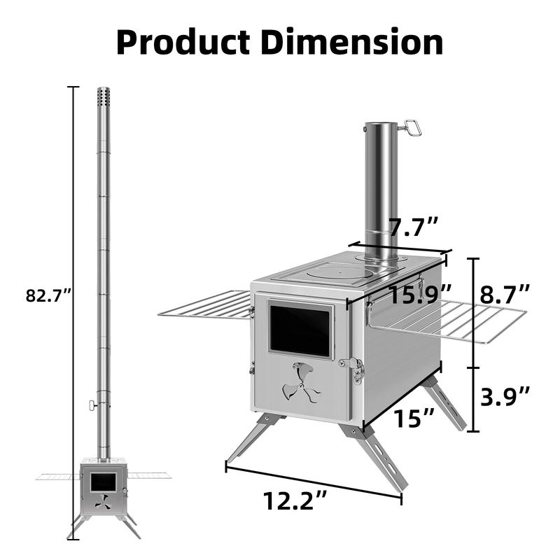 Lilypelle Camping Tent Stove Portable Wood Burning Stove with Window and 7 Chimney Pipe Side Racks 2 Grates, Folding Hot Tent Stove for Outdoor Camping, Hiking, Fishing, Backpacking