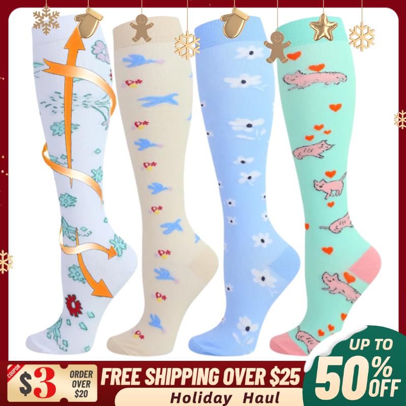 Sports Socks For Women & Men Floral printing Knee High Socks for Running,Hiking,Flight,Travel,Christmas,Winter, Women's Fuzzy