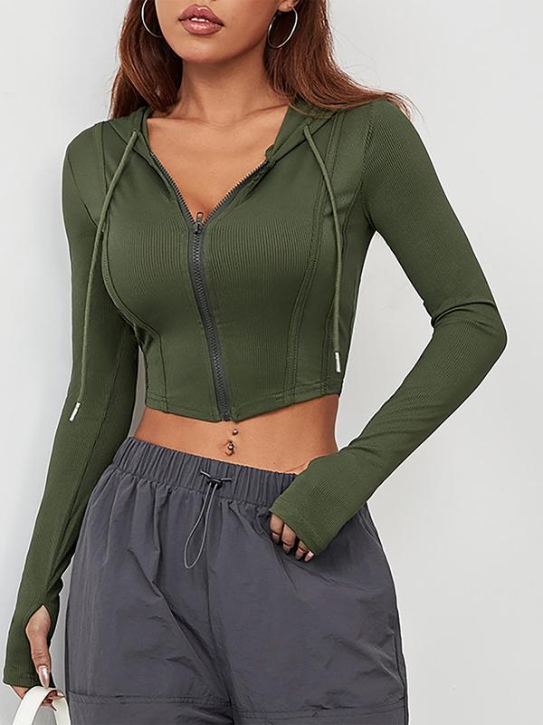 Women's Solid Zip Up Ribbed Crop Hoodie, Sporty Long Sleeve Drawstring Hooded Top for Summer, Gym Clothing, Ladies Sportswear for Indoor Outdoor Wear