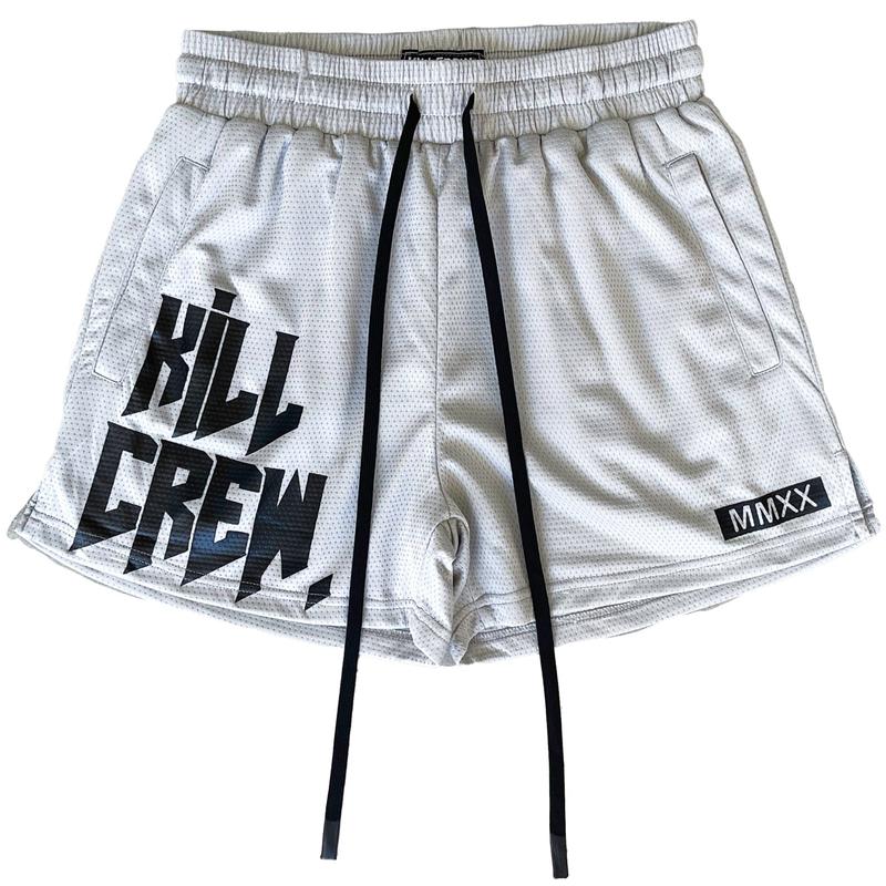 [Kill Crew] Muay Thai Shorts Logo - Silver, Unisex, Mid Thigh Cut, Pockets, Gym Shorts, Elastic Waistband, Long drawcord with wax tips