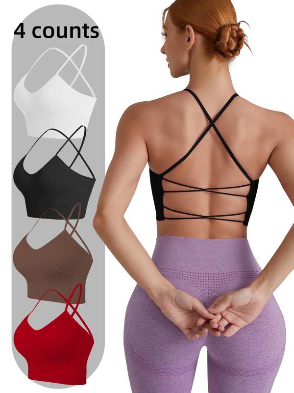 Women's 4pcs Solid Criss Cross Backless Sports Bra, Fall Outfits, Breathable Comfortable Wireless Sports Bra for Fall, Ladies Fall Sportswear for Indoor Outdoor Wear