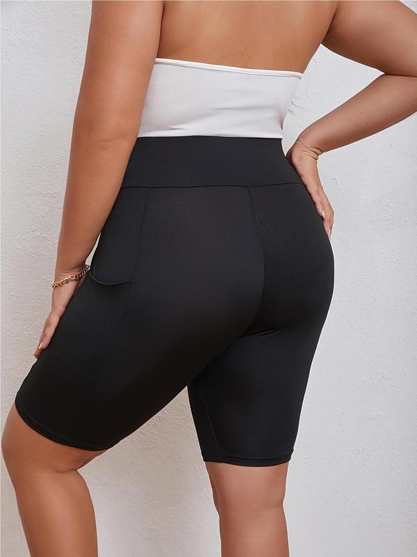 Plus Size Solid High Waist Pocket Biker Shorts, Casual Comfy Skinny Shorts for Women, Women's Bottoms for Summer