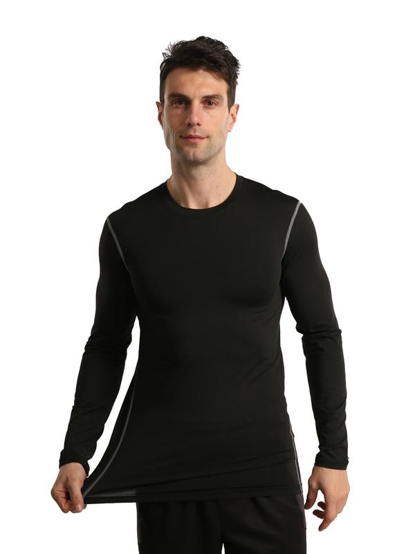 Men's Solid Long Sleeve Sports Tee, Quick Drying Breathable Compression T-shirt, Summer Outfits 2024, Men's Sportswear for Indoor Outdoor Wear