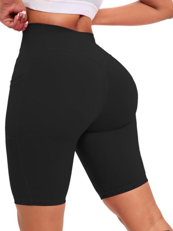 Women's Basic Plain Wrap Hem High Waist Pocket Sports Shorts, Casual Sporty Breathable Comfortable Skinny Shorts for Yoga Gym Workout Running, Gym Shorts, Ladies Sportswear for All Seasons, Women Sport & Outdoor Clothing, Gym Clothing