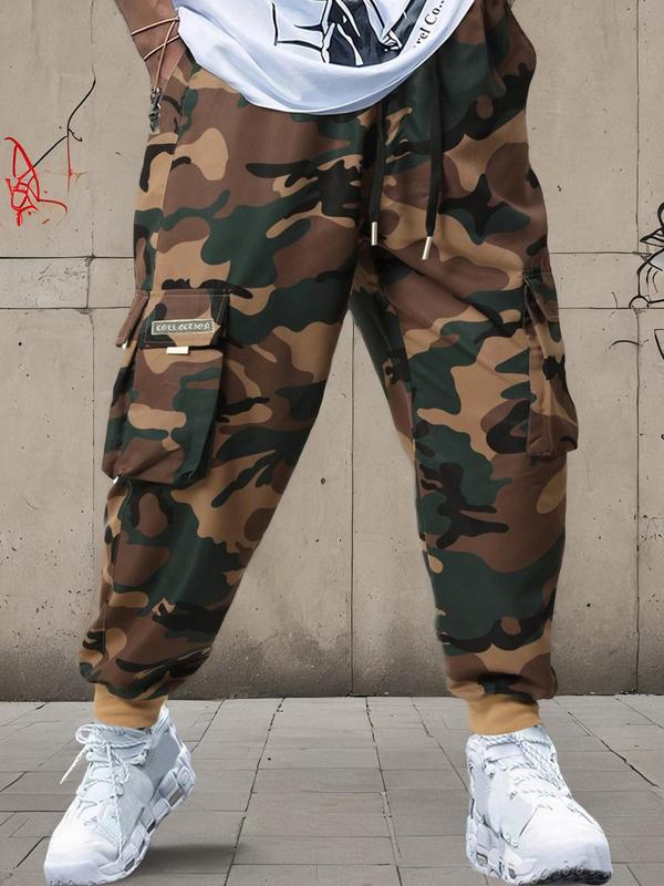 Sporty Men's Plain Camo Print Patched Drawstring Waist Jogger Pants, Regular Fit Sport Comfy Elastic Waist Flap Pocket Cargo Pants for Daily Wear, Sweatpants for Men, Pants for Men, Men's Sports Bottoms for All Seasons