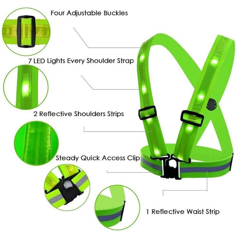 LED Reflective Vest, USB Rechargeable Reflective Running Vest, High Visibility Running Vest with Reflective Strip, Safety Light and Adjustable Size Elastic Band, Suitable for Outdoor Cycling and Running