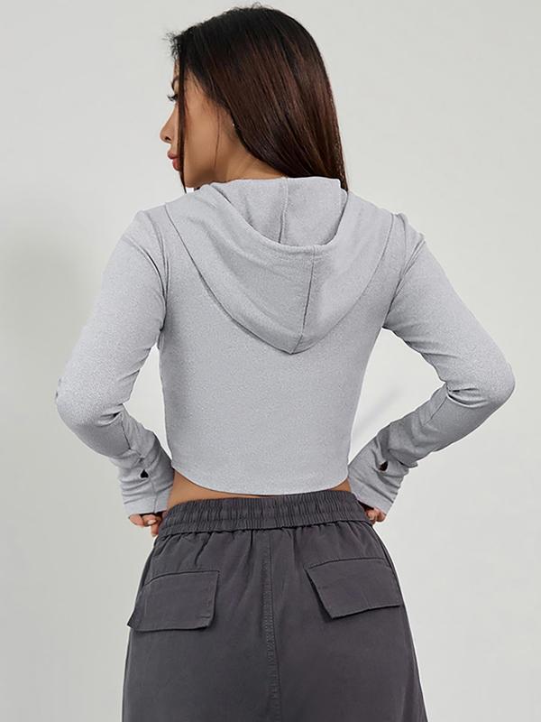 Women's Solid Zip Up Ribbed Crop Hoodie, Sporty Long Sleeve Drawstring Hooded Top for Summer, Gym Clothing, Ladies Sportswear for Indoor Outdoor Wear