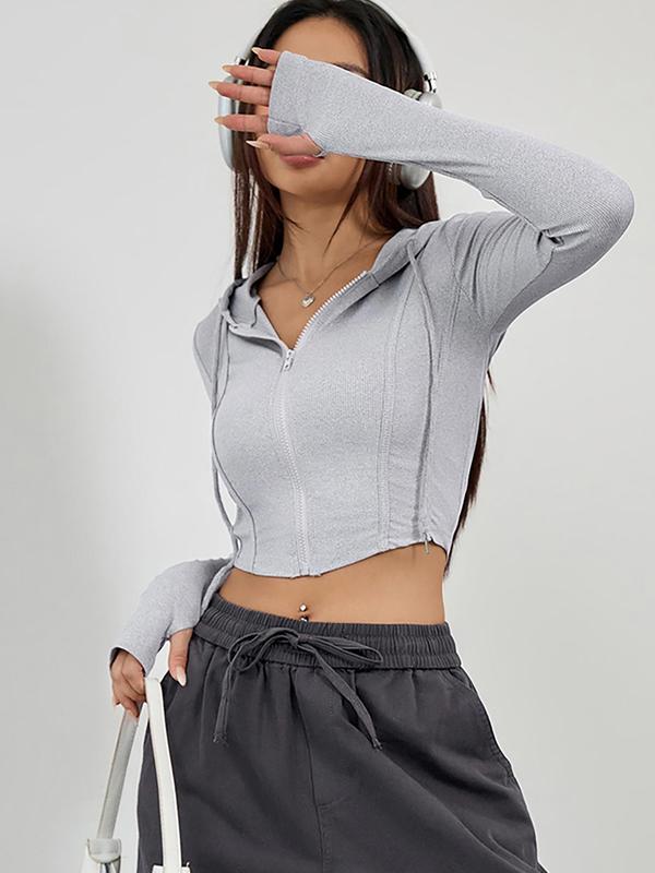 Women's Solid Zip Up Ribbed Crop Hoodie, Sporty Long Sleeve Drawstring Hooded Top for Summer, Gym Clothing, Ladies Sportswear for Indoor Outdoor Wear