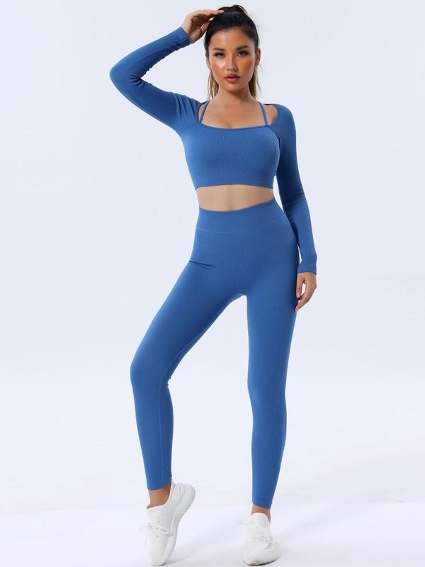 Two-Piece Set Women's Plain Ribbed Tracksuit Set, Sport Halter Neck Crop Top & Leggings, Women's Sportswear for Spring & Fall