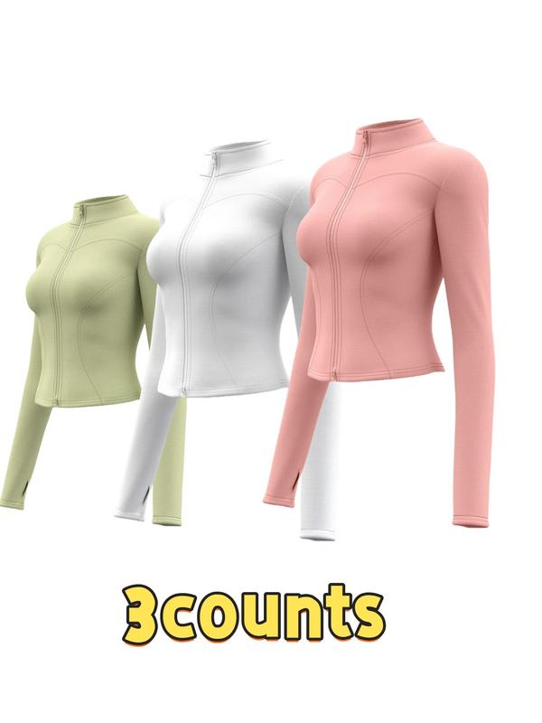 Women's Solid Thumb Hole Zip Up Sports Jacket, Long Sleeve Stand Collar Zip Front Outerwear for Gym Workout Running, Ladies Sportswear for All Seasons