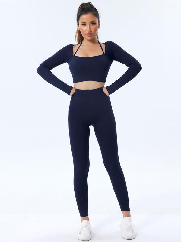 Two-Piece Set Women's Plain Ribbed Tracksuit Set, Sport Halter Neck Crop Top & Leggings, Women's Sportswear for Spring & Fall