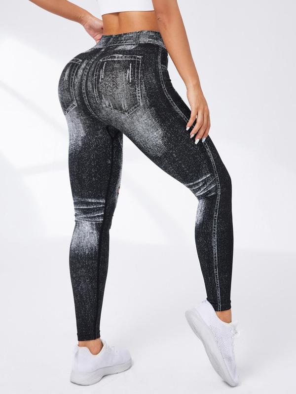 Women's Denim-effect Print High Waist Sports Leggings, Casual Comfy Cut Out Skinny Pants for Yoga Gym Workout Running, Ladies Sportswear Bottoms for All Seasons, Tummy Control