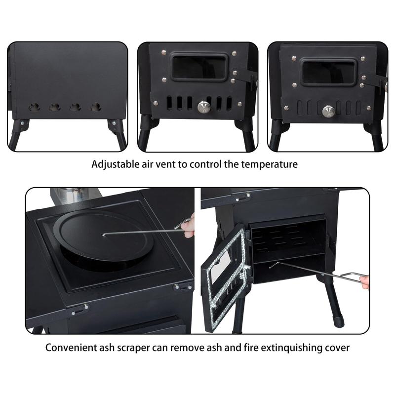 Camping Wood Stove, Outdoor Portable Tent Wood Burning Stove with Stainless Chimney Pipes, Tent Stove Jack & Gloves for Outdoor Camping Cooking and Heating