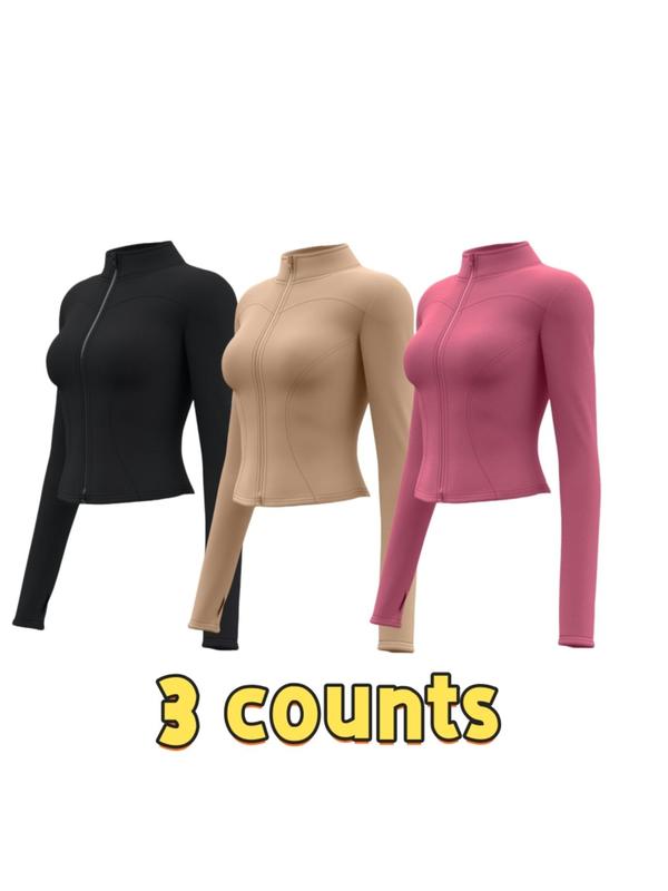 Women's Solid Thumb Hole Zip Up Sports Jacket, Long Sleeve Stand Collar Zip Front Outerwear for Gym Workout Running, Ladies Sportswear for All Seasons