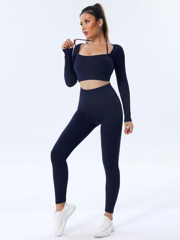 Two-Piece Set Women's Plain Ribbed Tracksuit Set, Sport Halter Neck Crop Top & Leggings, Women's Sportswear for Spring & Fall