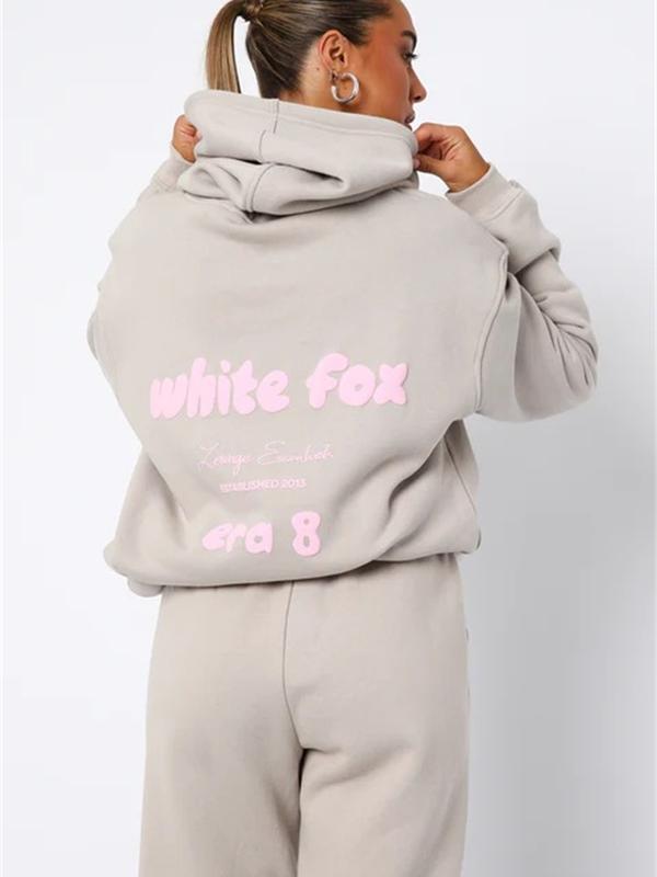 Womens White Boutique fox Tracksuit 2PCS Set Hoodies Fleece Sports UK Size Hot