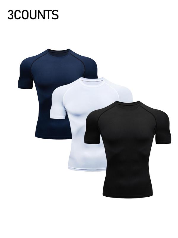 Men's Solid Raglan Sleeve Compression Tee, Quick Drying Breathable Round Neck T-shirt for Outdoor Wear, Casual Men's Top for All Seasons