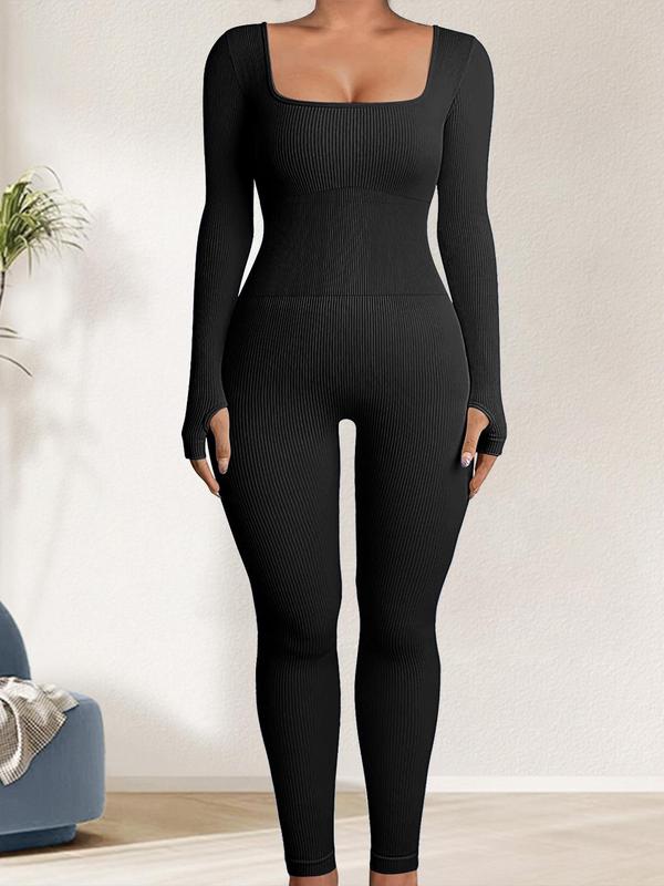 Women's Solid Long Sleeve Scoop Neck Ribbed Sports Jumpsuit, Casual Comfy Seamless Bodycon Jumpsuit for Yoga Gym Workout, Lounge Sets for Women, Ladies Sportswear for Fall & Winter Compression Garment